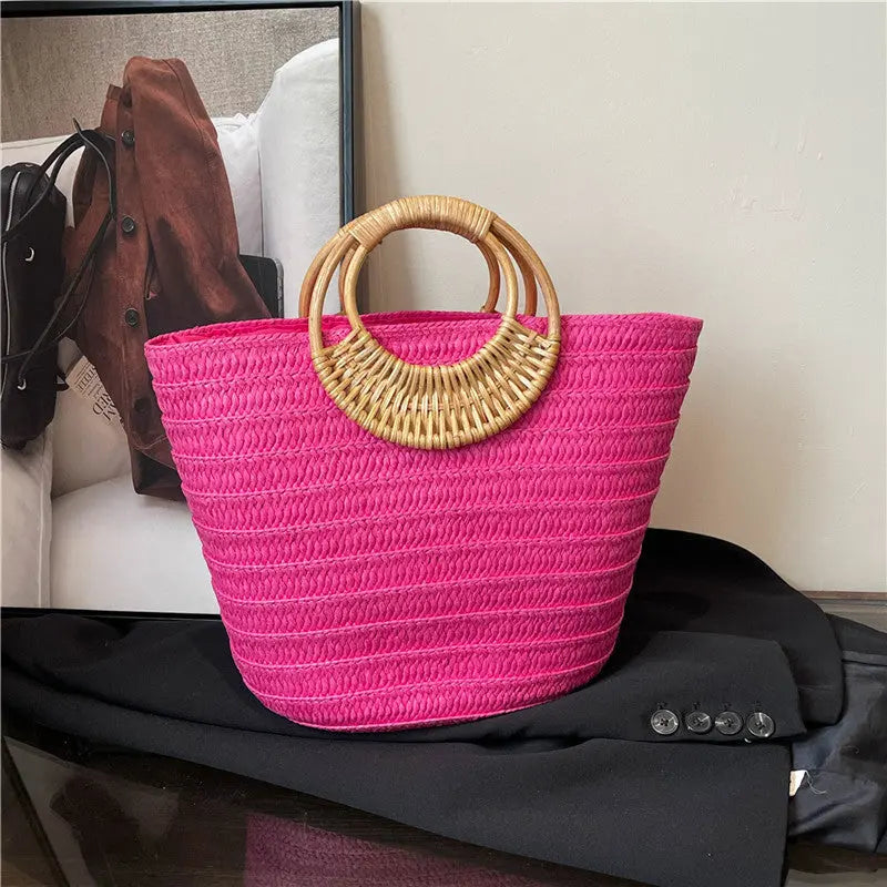 Seaside Ins Style Straw Bag Large Capacity Round Portable Angel Wishes