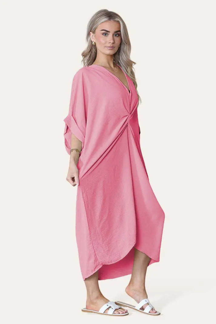 Womens V-Neck Tie Knotted Twisted Front Oversized Longline Midi Dress Angel Wishes