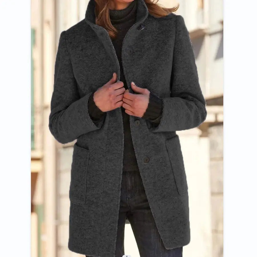 Fashion Stand Collar Woolen Coat With Pockets Fall Winter Casual Button Outwear For Women Clothing Angel Wishes