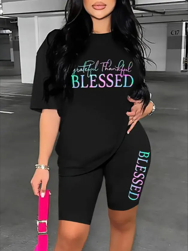 Two Piece Set, Drop Shoulder Letter Print Short Sleeve T-shirt & Short Leggings, Women's Clothing Angel Wishes