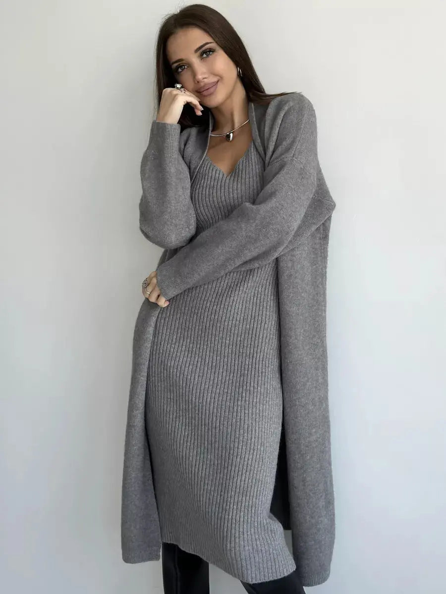 2pcs Knitted Suit Fashion Slim Sleeveless Long Dress And Casual Loose Cardigan Spring Fall Women's Clothing Angel Wishes