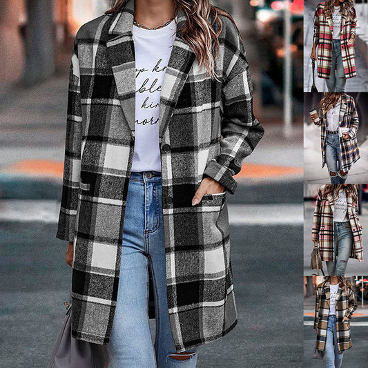 Fashion Wool Plaid Long Jacket Angel Wishes