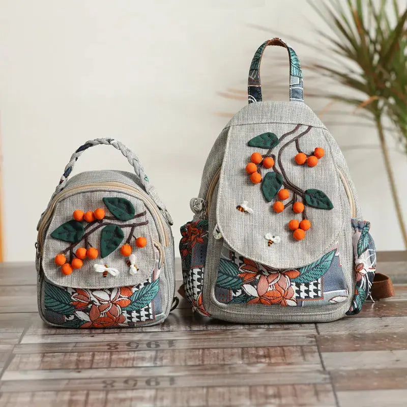 Canvas Lightweight Casual Backpack With Three-dimensional Hand Woven Persimmon Ruyi Lightweight Backpack Angel Wishes