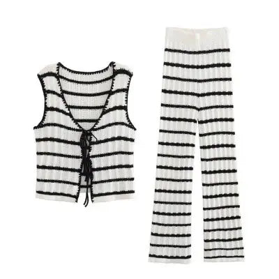 Casual Knitted Lace-up Vest Top & Trousers Set Angel Wishes