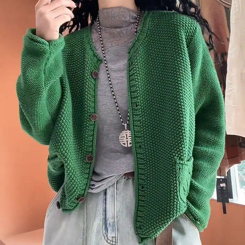 Women's Solid Color Round Neck Long Sleeve Knitted Sweater Coat Angel Wishes