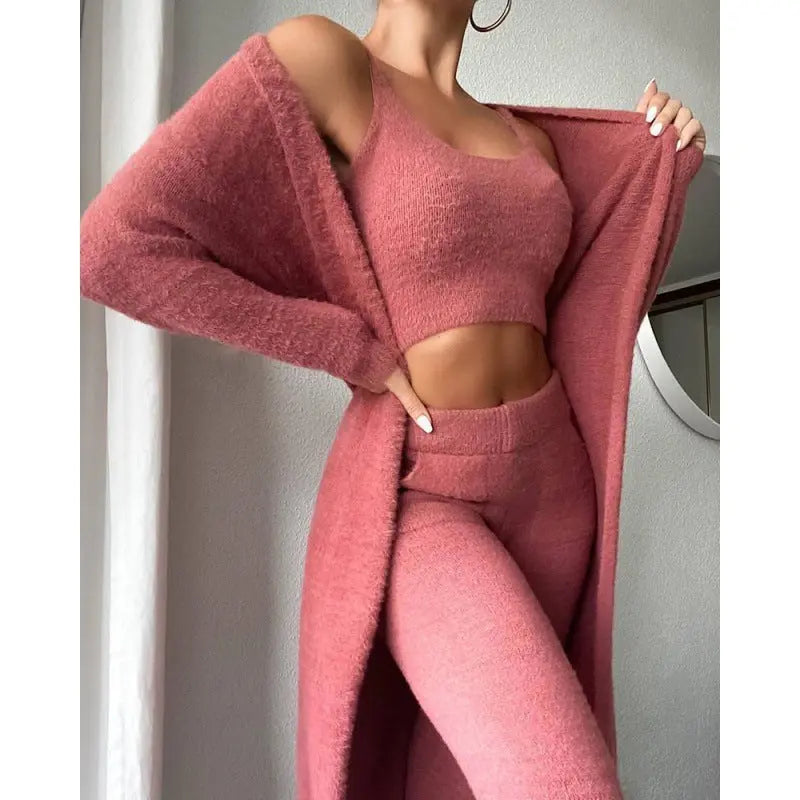 Cozy Pajama Set, 3 Piece Lounge Set, Cute Loungewear, Warm Suit Sets, Matching Set, Lounge Set, 3 Piece Pant Sets, Women Winter Dress Angel Wishes