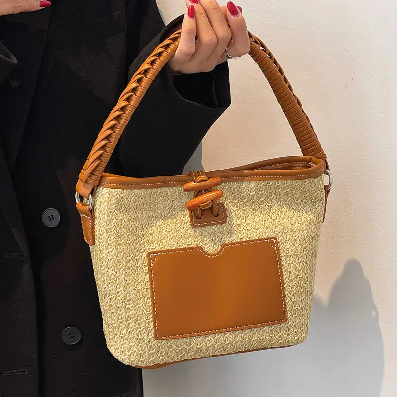 Versatile One-shoulder Bucket Woven Straw Bag Angel Wishes