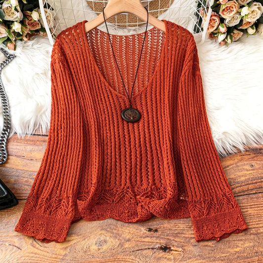 Hollow-out Spring And Summer Long Sleeves Knitted V-neck Plus Size Women's Long-sleeved Sweater Angel Wishes
