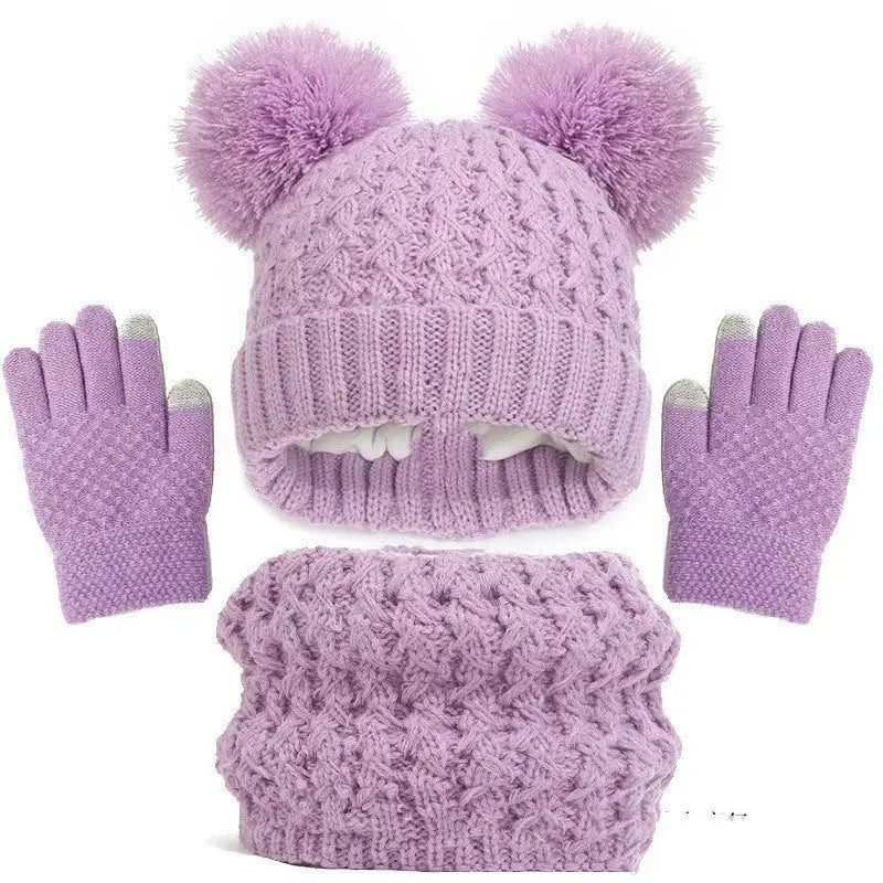 Children's Autumn And Winter Fleece-lined Thickened Double Ball Hat Scarf Gloves Three-piece Set Angel Wishes