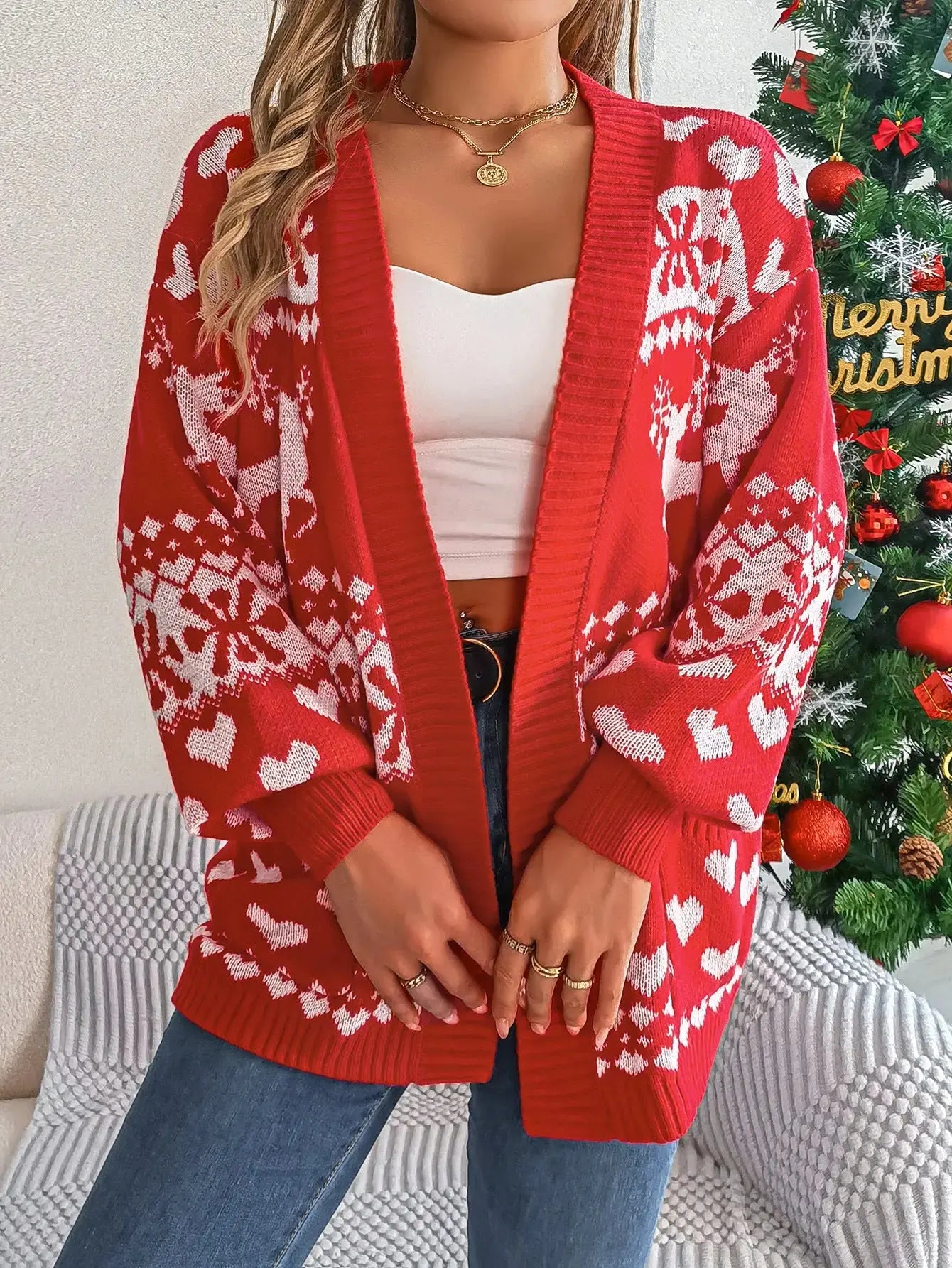 Christmas Deer Pocket Long-sleeve Cardigan Sweater Coat Angel Wishes