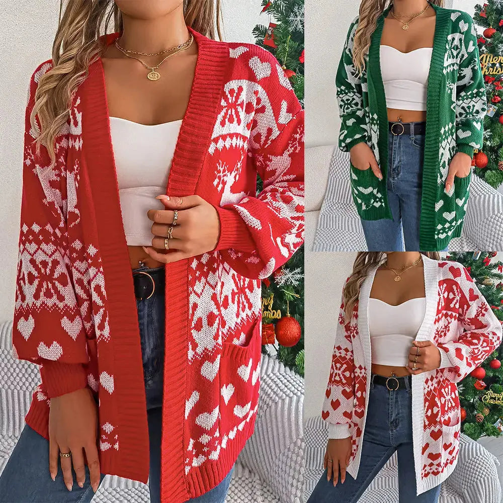 Christmas Deer Pocket Long-sleeve Cardigan Sweater Coat Angel Wishes