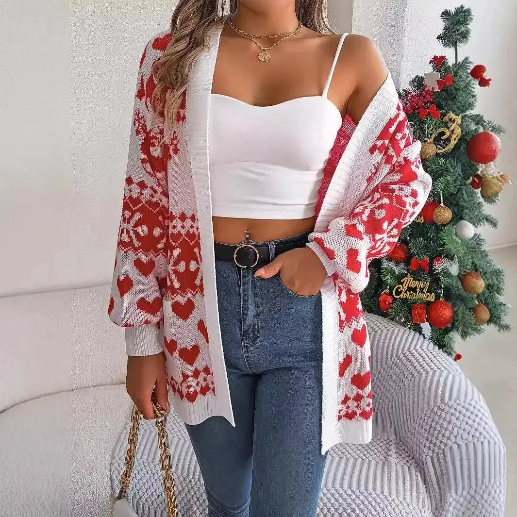 Christmas Deer Pocket Long-sleeve Cardigan Sweater Coat Angel Wishes