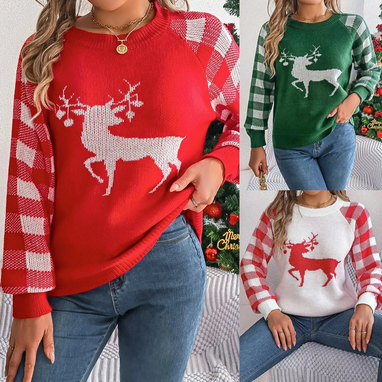 Christmas Women's Casual Plaid Deer Long Sleeve Pullover Sweater Angel Wishes