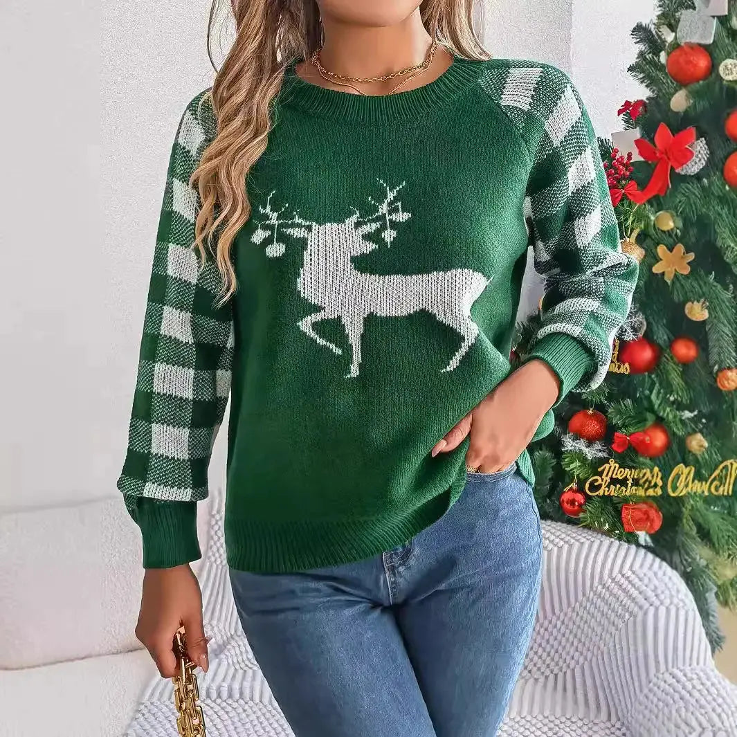 Christmas Women's Casual Plaid Deer Long Sleeve Pullover Sweater Angel Wishes