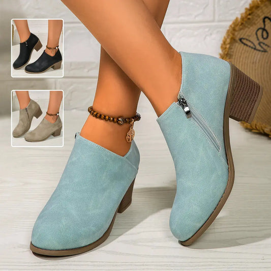 Chunky Heel Round Toe Ankle Boots With Side Zipper Design Fashion Fall Winter Short Boots For Women Shoes Angel Wishes