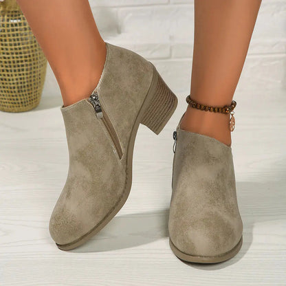 Chunky Heel Round Toe Ankle Boots With Side Zipper Design Fashion Fall Winter Short Boots For Women Shoes Angel Wishes