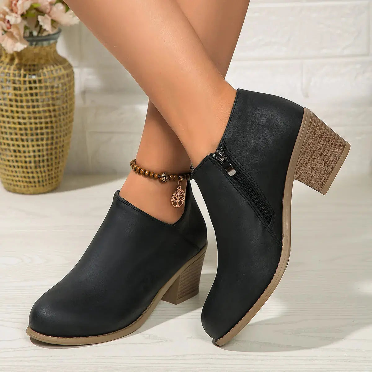 Chunky Heel Round Toe Ankle Boots With Side Zipper Design Fashion Fall Winter Short Boots For Women Shoes Angel Wishes