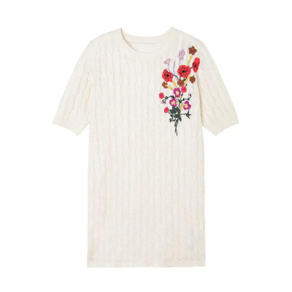 Cotton Knitted Dress Flower Embroidery Twisted Round Neck Angel Wishes