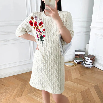 Cotton Knitted Dress Flower Embroidery Twisted Round Neck Angel Wishes