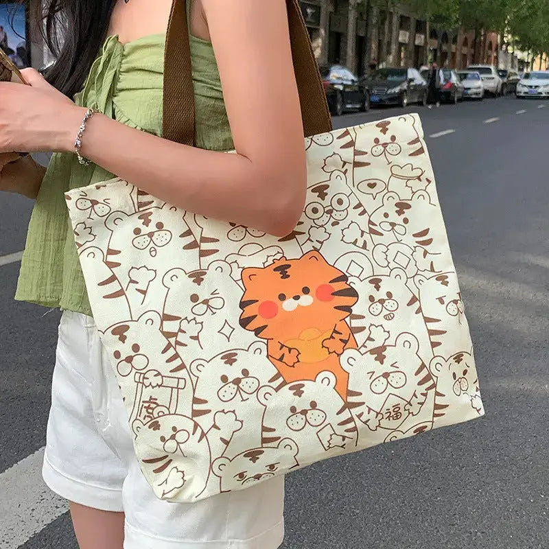 Cute Bear Printed Canvas Bag Women All-match Shoulder Bags Student Large Capacity Daily Handbags Angel Wishes