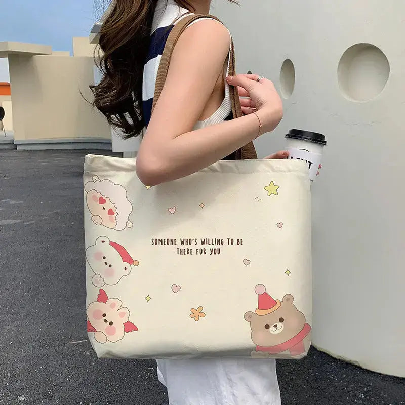 Cute Bear Printed Canvas Bag Women All-match Shoulder Bags Student Large Capacity Daily Handbags Angel Wishes