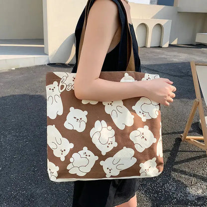 Cute Bear Printed Canvas Bag Women All-match Shoulder Bags Student Large Capacity Daily Handbags Angel Wishes