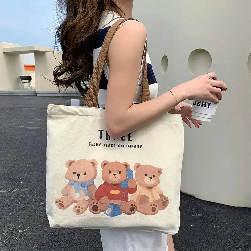 Cute Bear Printed Canvas Bag Women All-match Shoulder Bags Student Large Capacity Daily Handbags Angel Wishes