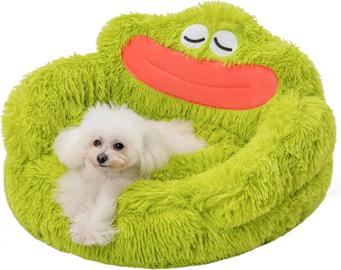 Cute Calming Dog And Cat Bed Plush Indoor Donut Dog Beds For Small Dogs And Cats Cute Cartoon Soft Bed Green Mouth Angel Wishes