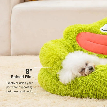 Cute Calming Dog And Cat Bed Plush Indoor Donut Dog Beds For Small Dogs And Cats Cute Cartoon Soft Bed Green Mouth Angel Wishes