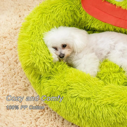 Cute Calming Dog And Cat Bed Plush Indoor Donut Dog Beds For Small Dogs And Cats Cute Cartoon Soft Bed Green Mouth Angel Wishes