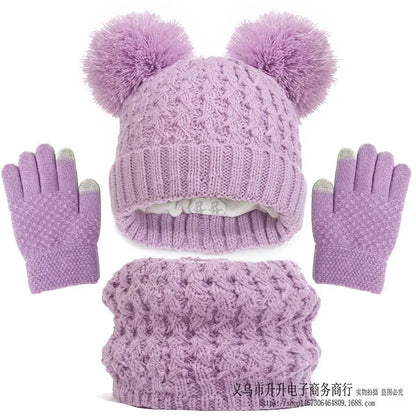 Children's Autumn And Winter Fleece-lined Thickened Double Ball Hat Scarf Gloves Three-piece Set Angel Wishes