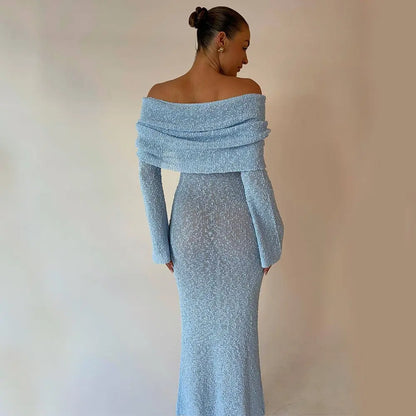 New One-shoulder Knitted Long-sleeved Dress Sexy Beach Holiday Long Dresses Womens Clothing Angel Wishes