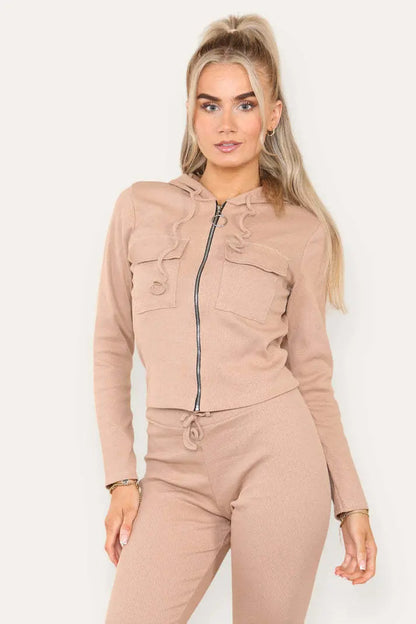 Front Pocket Zip Suit Ribbed Hooded Lounge Wear Set Angel Wishes