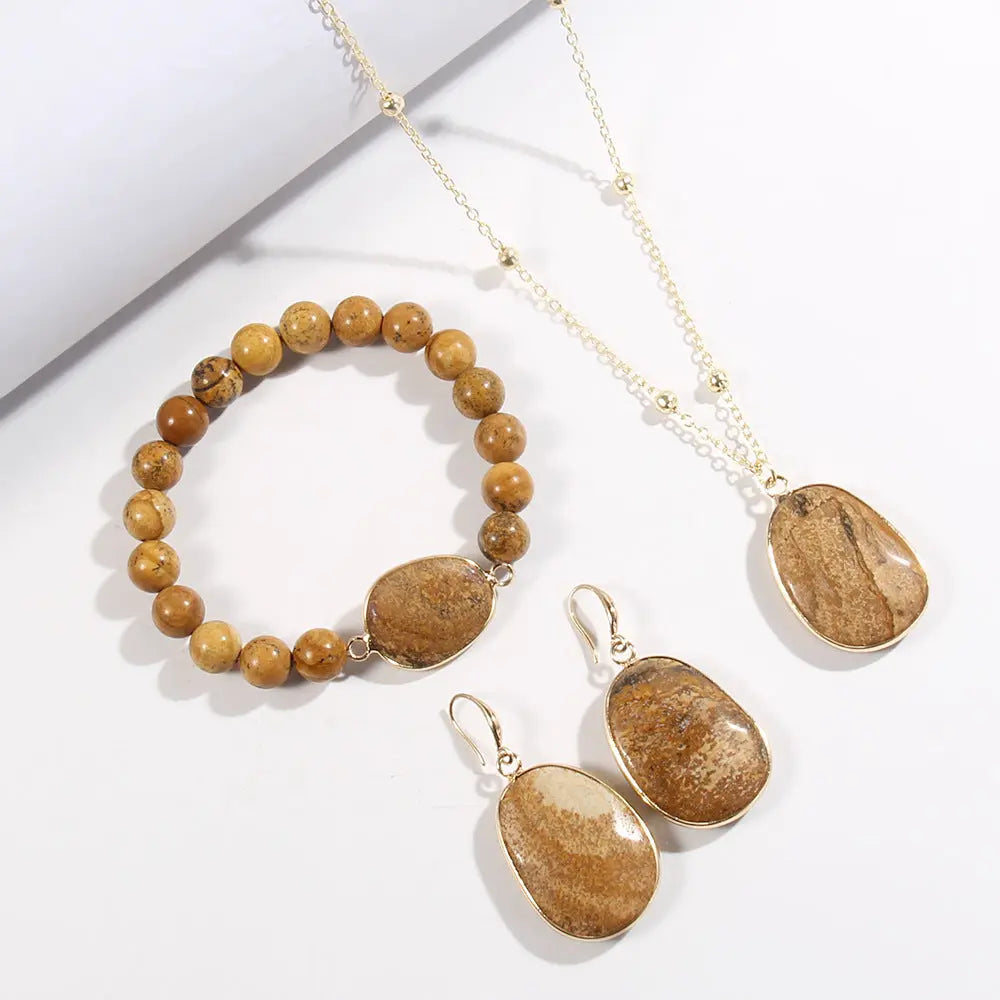 Gold Chain Necklace Natural Stone Bracelet Earrings Women's Jewelry Set Angel Wishes