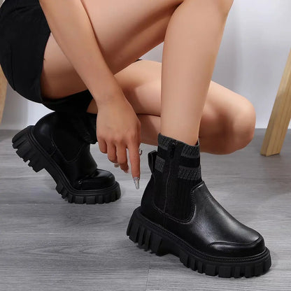 Fashion Mid-tube Boots With Zipper Design Non-slip Thick Sole Elastic Knitted Patchwork Boots For Women Round Toe Shoes Winter Angel Wishes