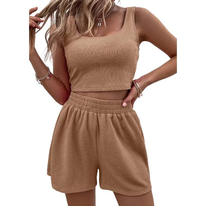 Sweet Knitted Suit Summer Square Neck Vest Top And Elastic Shorts Fashion Casual Solid Color 2Pcs Set Womens Clothing Angel Wishes