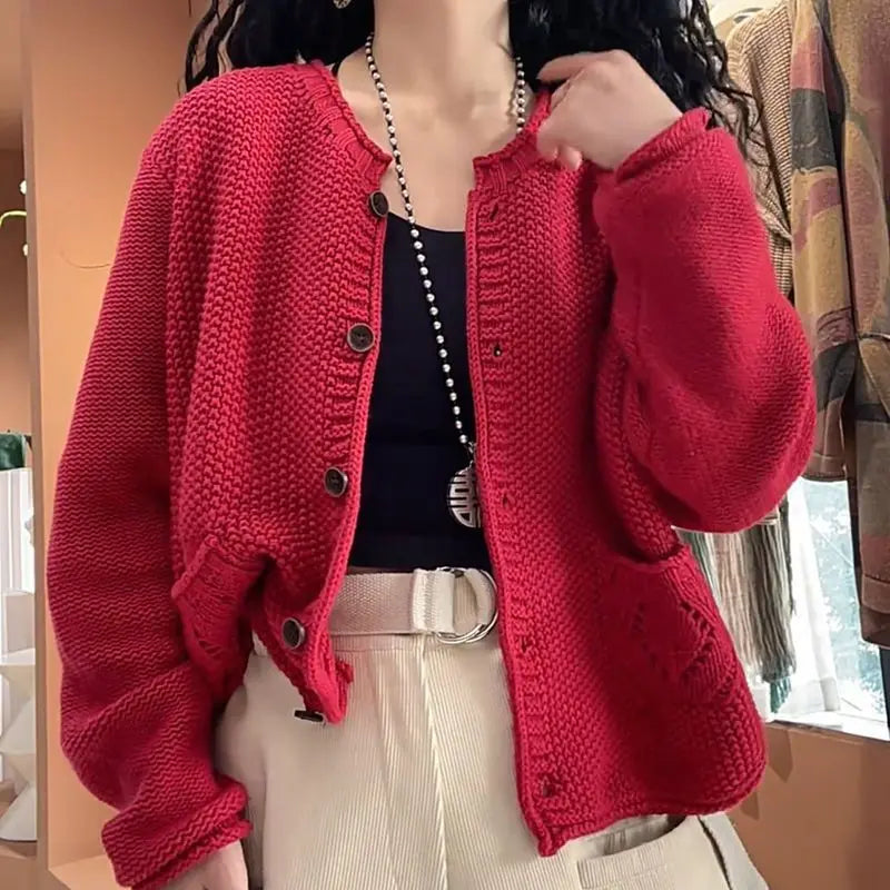 Women's Solid Color Round Neck Long Sleeve Knitted Sweater Coat Angel Wishes