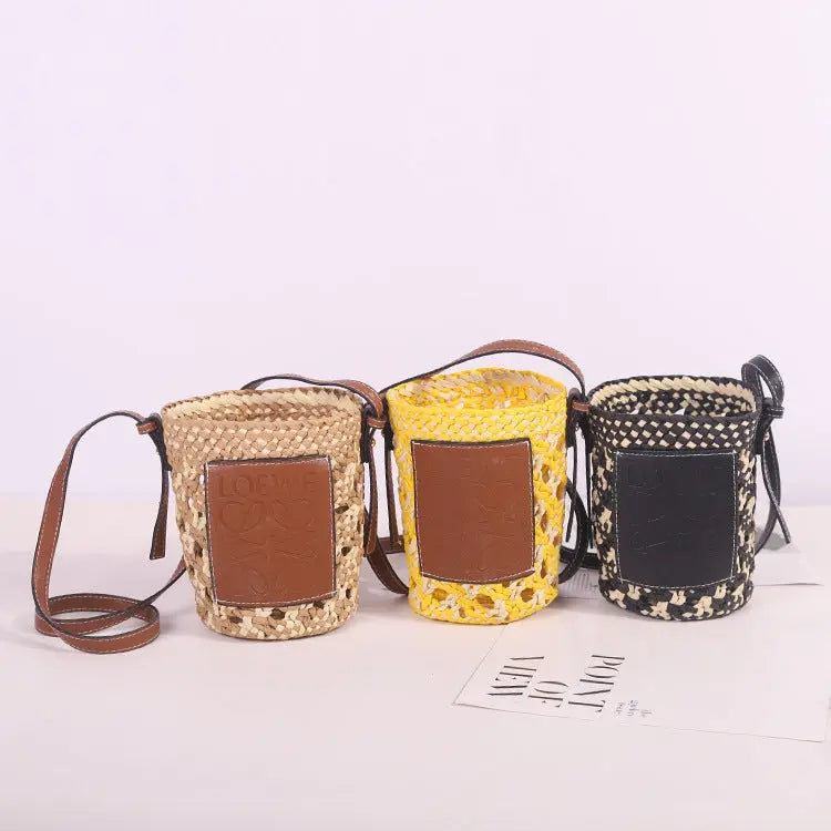 New French Women's Rhombus Bucket Straw Woven Shoulder Bag Angel Wishes