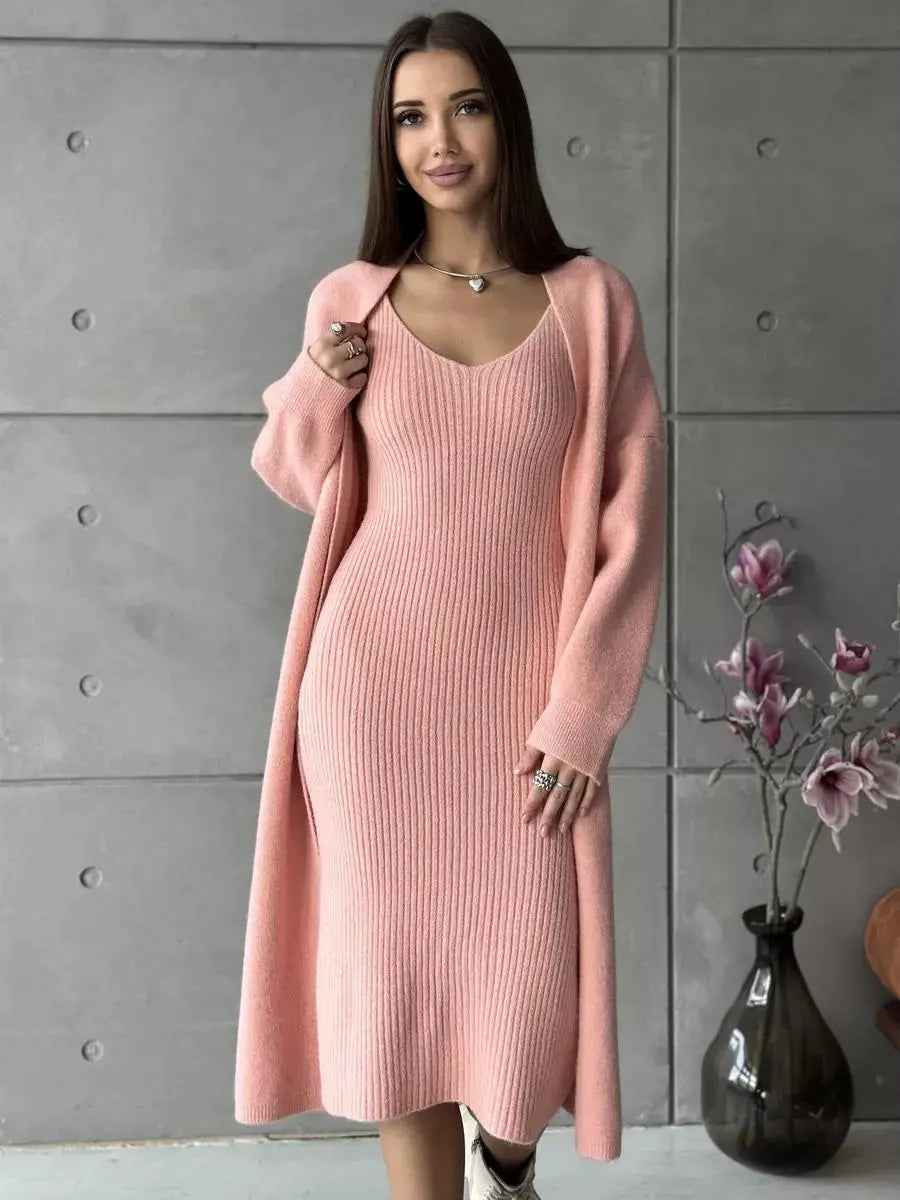 2pcs Knitted Suit Fashion Slim Sleeveless Long Dress And Casual Loose Cardigan Spring Fall Women's Clothing Angel Wishes