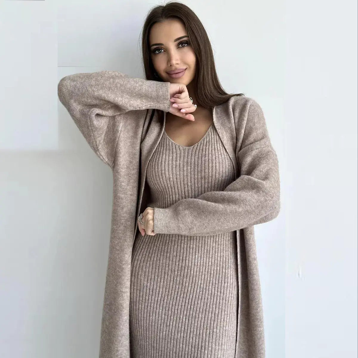 2pcs Knitted Suit Fashion Slim Sleeveless Long Dress And Casual Loose Cardigan Spring Fall Women's Clothing Angel Wishes