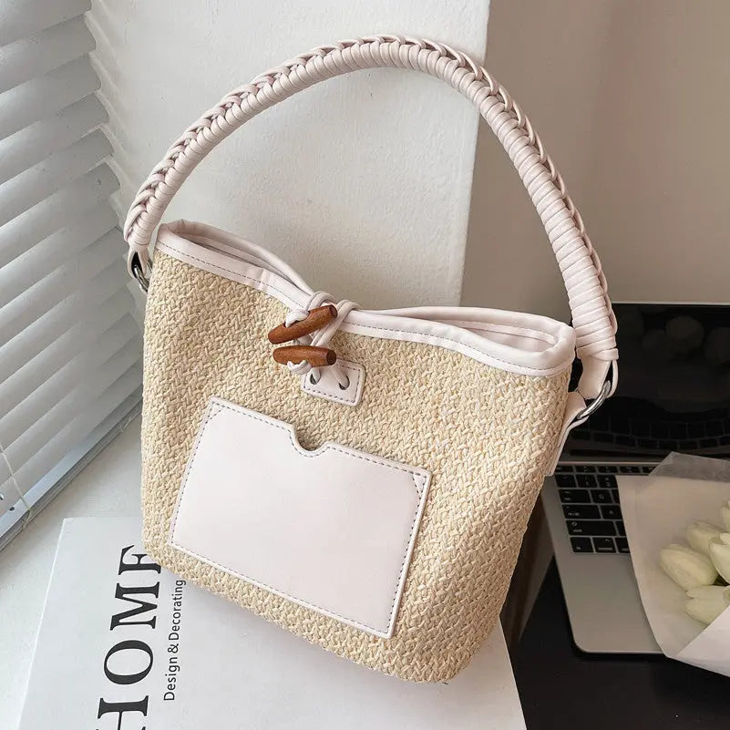 Versatile One-shoulder Bucket Woven Straw Bag Angel Wishes