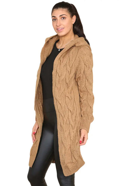 Knitted Cables Hooded Long Over Sized Cardigan Angel Wishes