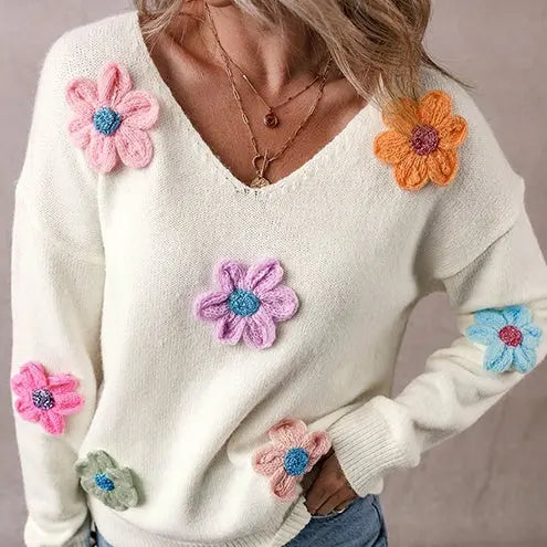 Flower Crochet V-neck Pullover Sweater for Women Angel Wishes