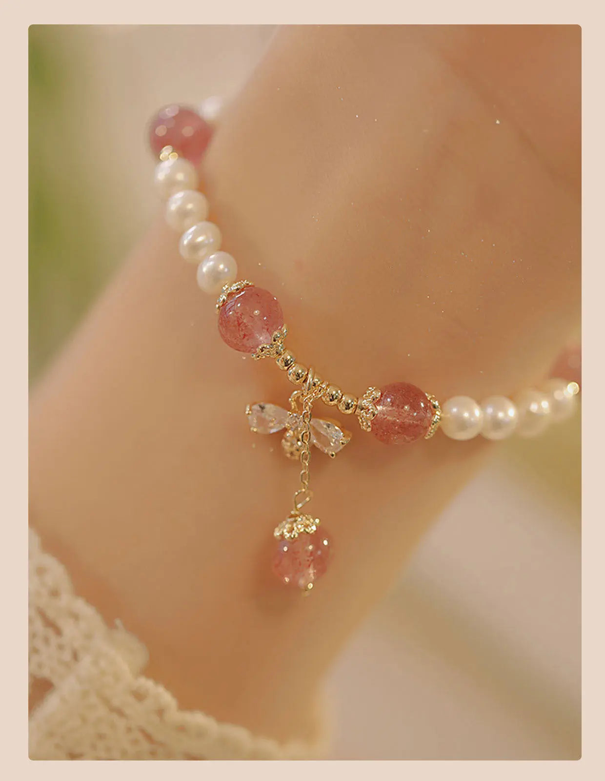 Crystal Strawberry Quartz Stringed Pearls Bracelet Angel Wishes