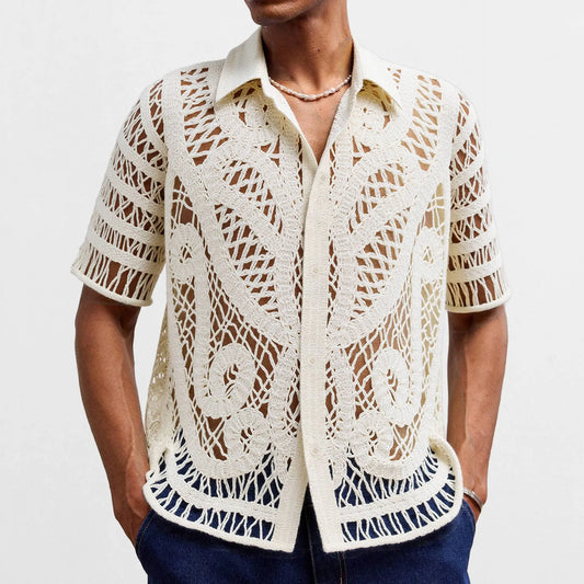Men's Hollow Sweater Short Sleeved Crochet Cardigan Polo Shirt Angel Wishes