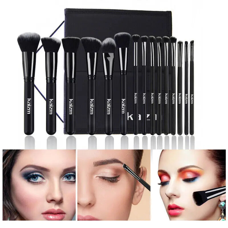 15Pcs Black Make Up Brushes Woman Set With Bag Foundation Eyeliner Eyeshadow Angel Wishes