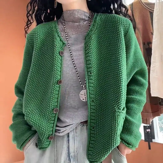 Women's Solid Color Round Neck Long Sleeve Knitted Sweater Coat Angel Wishes