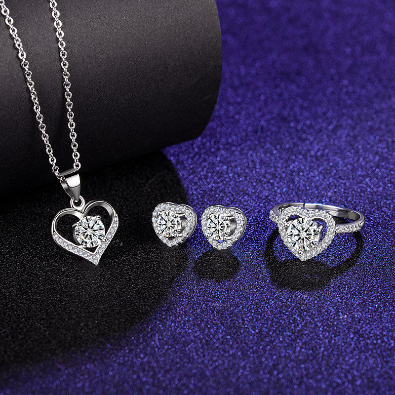 Six Claw Moissanite Ring Stud Necklace Women's Jewelry Set Angel Wishes