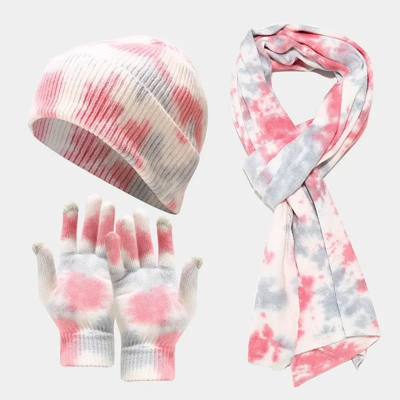 Tie-dye Knitted Hat Gloves Scarf Set Ladies Angel Wishes