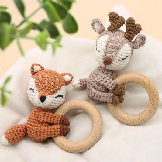 Handmade Crochet Fox Elk Rattle Toy Baby Molar Teether Angel Wishes